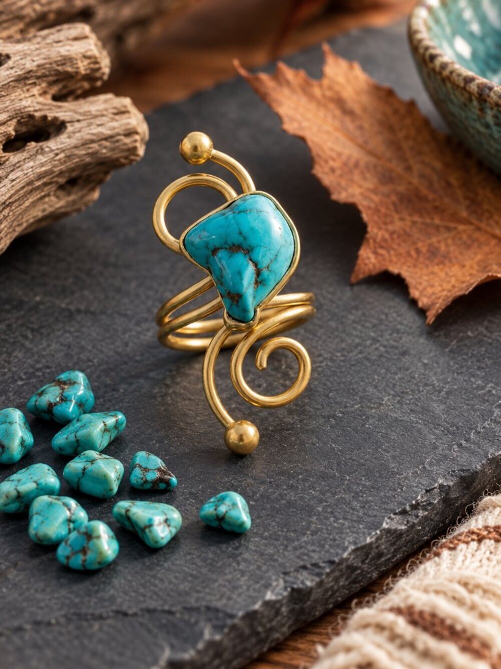 Turkish Artisan 18K Gold Plated Brass Turquoise Spiral Scroll Ring Adj 7-10